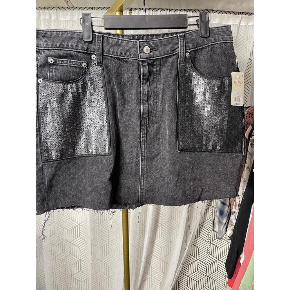 Lucky Brand Women's Sequin Denim Mini Skirt Black Size 12/31 MSRP $129
